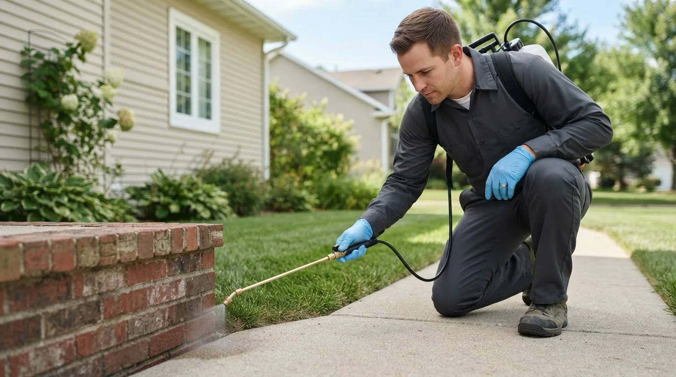 Pest control technician treating a home near Olmito, TX