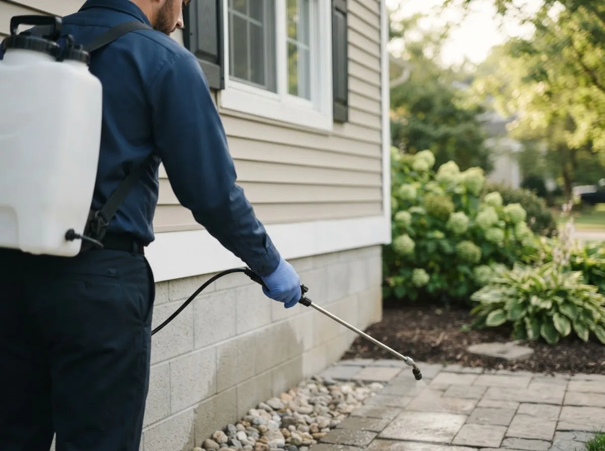 Pest control technician inspecting a home in Olmito, TX